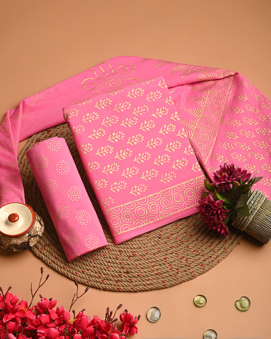 New Pink Golden Printed Cotton Suit With Cotton Dupatta(EACOTMU44)