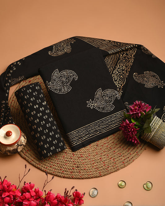 New Floral Hand Block Printed Cotton Suit With Cotton Dupatta(EACOTMU66)