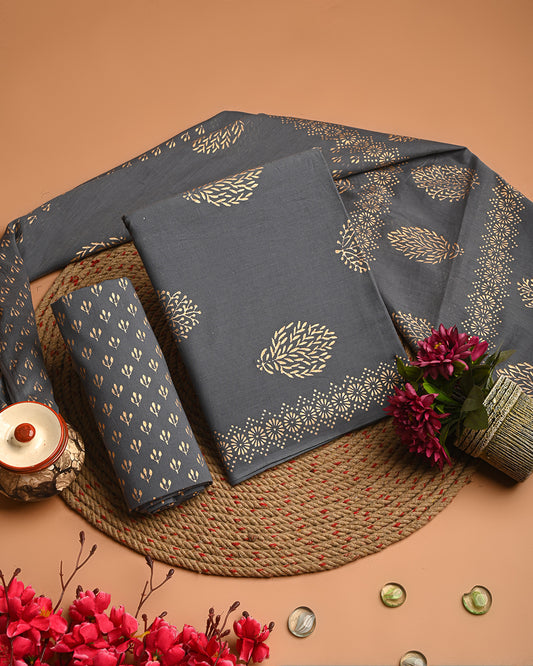 Premium Grey Golden Print Cotton Suit With Cotton Dupatta(EACOTMU42)