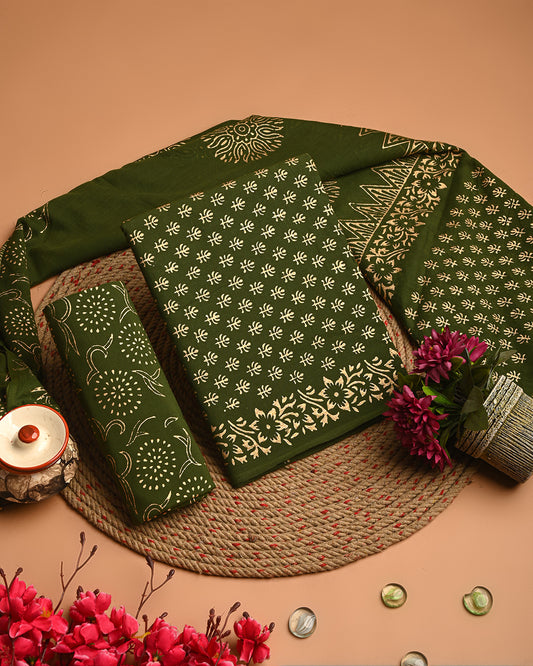 Exclusive Dark Green  Cotton Suit With Cotton Dupatta(EACOTMU45)