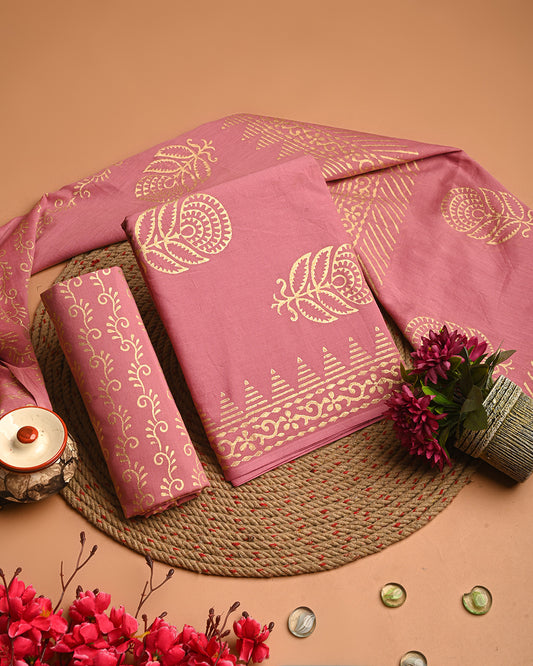 New  Pink Discharge Cotton Suit With Cotton Dupatta(EACOTMU43)