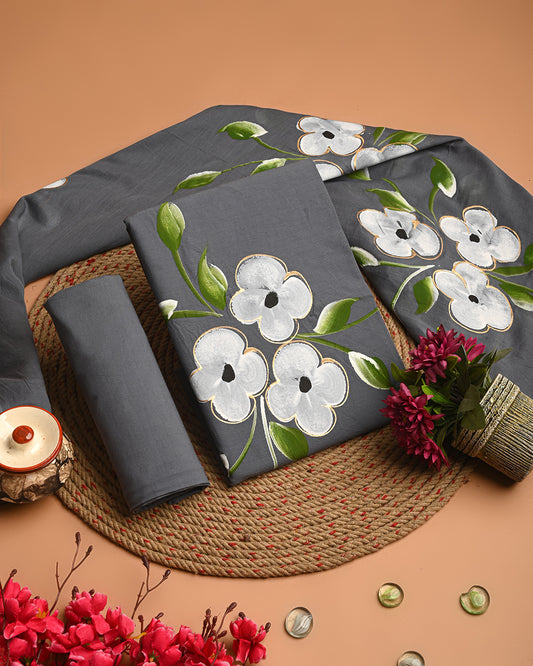 Premium Grey  and White Floral  Cotton Suit With Cotton Dupatta EACOTMU53