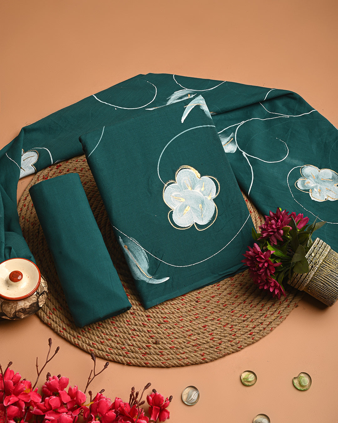 Traditional  Green Floral Cotton Suit With Cotton Dupatta(EACOTMU55)