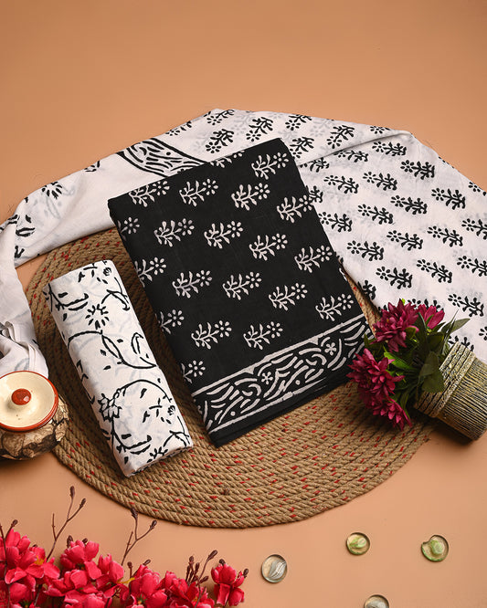 Elegant Black And White Printed Cotton Suit With Cotton Dupatta(EACOTMU70)