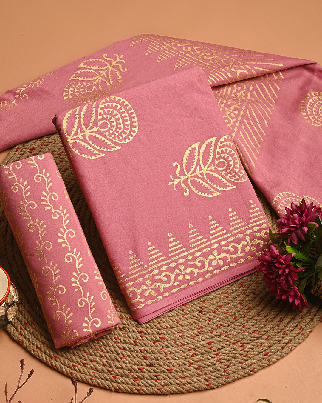 New  Pink Discharge Cotton Suit With Cotton Dupatta(EACOTMU43)