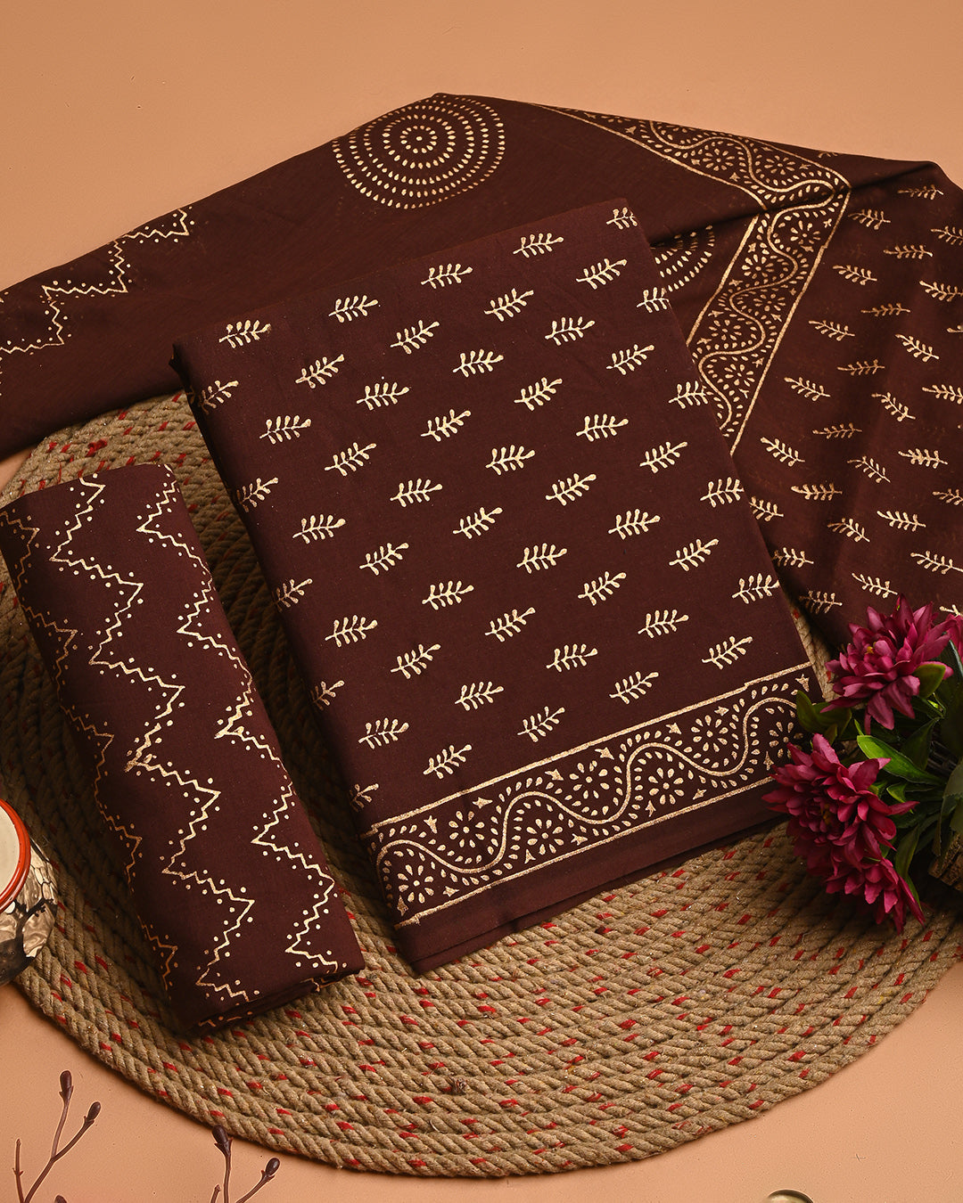 Exclusive Brown Cotton Suit With Mulmul Dupatta  EACOTMU56