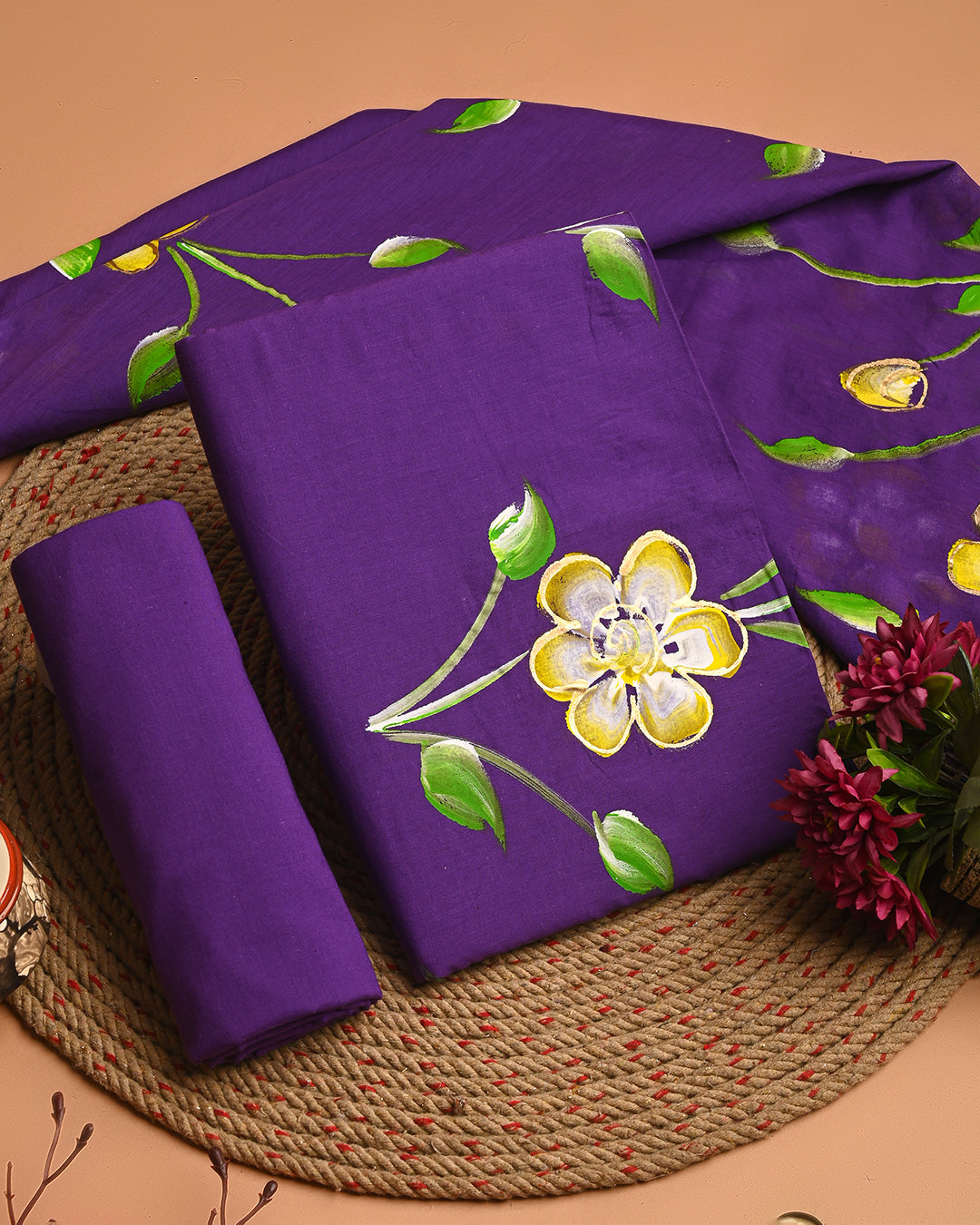 Purple Purple Floral Cotton Suit With Cotton Dupatta EACOTMU52