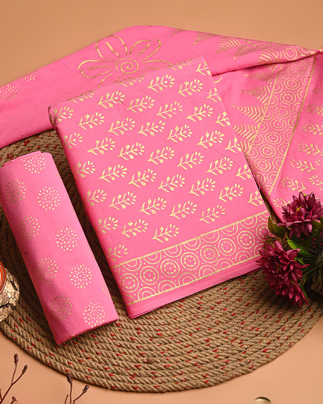 New Pink Golden Printed Cotton Suit With Cotton Dupatta(EACOTMU44)