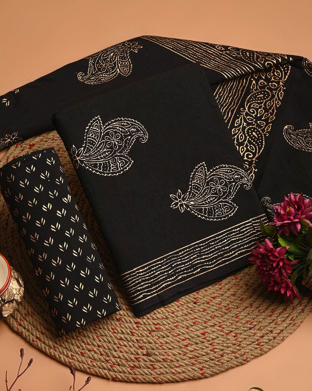 New Floral Hand Block Printed Cotton Suit With Cotton Dupatta(EACOTMU66)