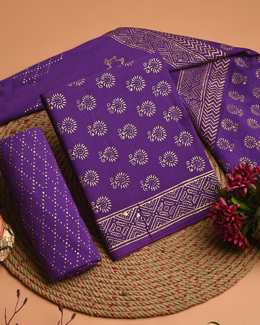 Traditional Purple  Cotton Suit With Cotton Dupatta(EACOTMU49)