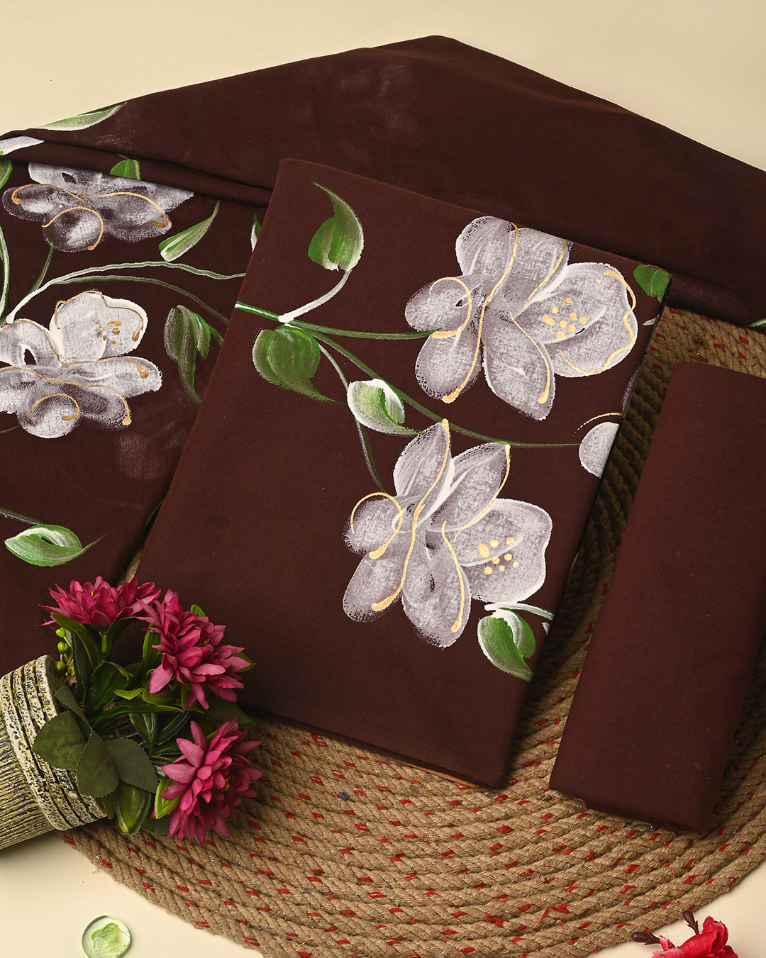 New Brown Floral Hand Painted Cotton Suit With Cotton Dupatta EACOTMU63