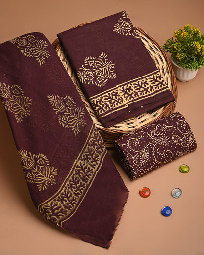 Exclusive Brown Golden Print Cotton Suit With Chiffon Dupatta (EACOTCH66)