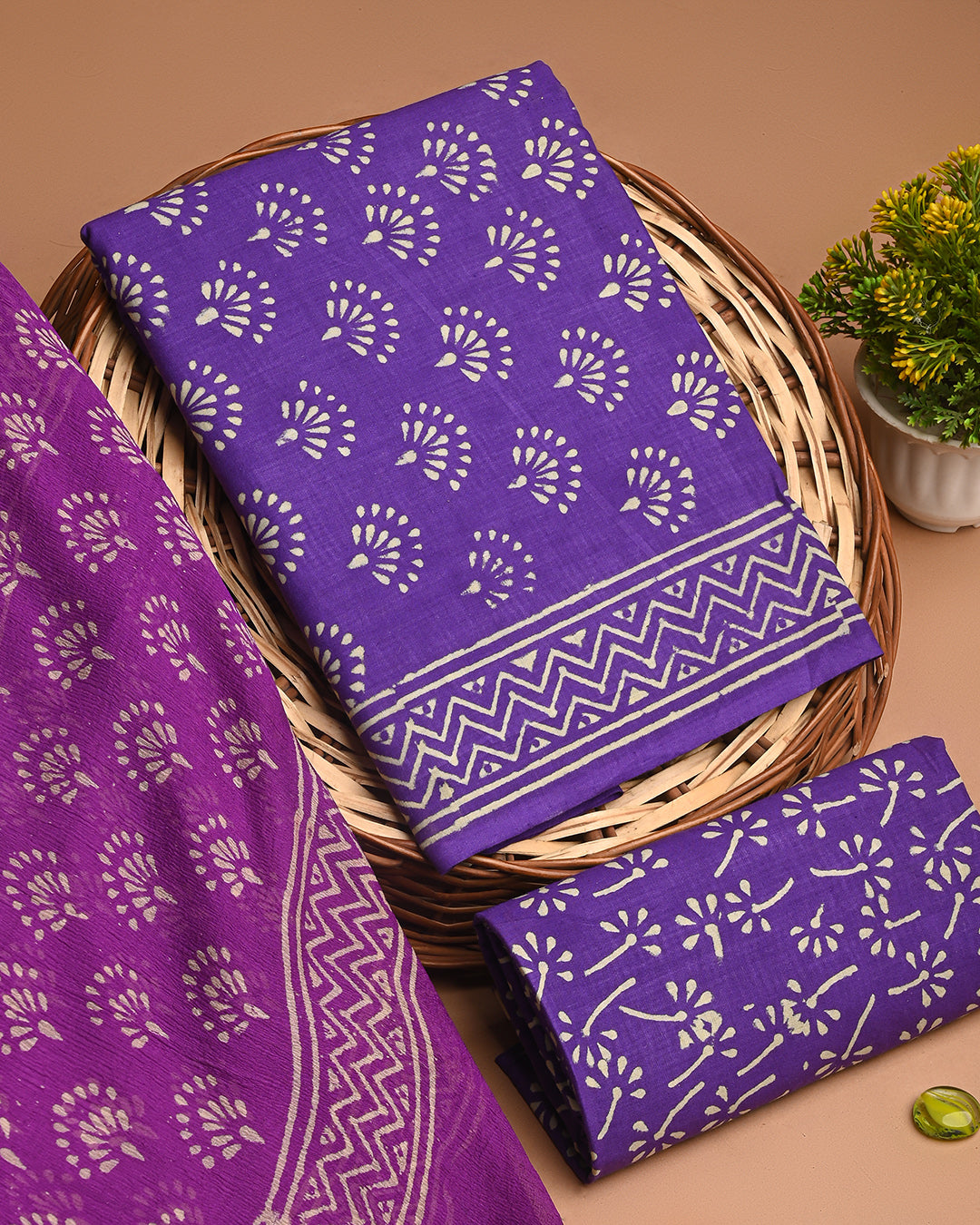 Traditional Purple Discharge Print  Cotton Sets With Chiffon Dupatta EACOTCH61