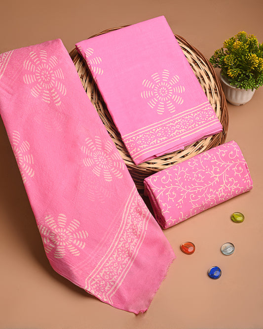 Traditional Pink Discharge  Cotton Sets With Chiffon Dupatta EACOTCH65