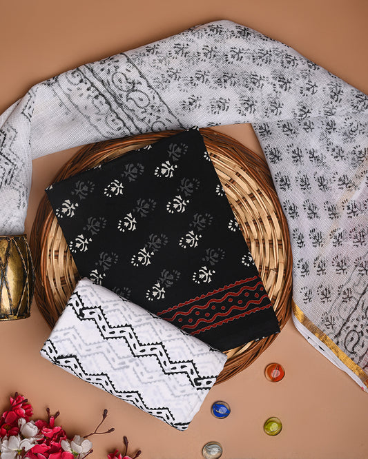 New Black and White Cotton Suit With Kota Doria Dupatta (EACOTKO57)