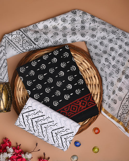 Premium Black and White Sanganeri Print  Cotton Suit With Kota Doria Dupatta (EACOTKO52)