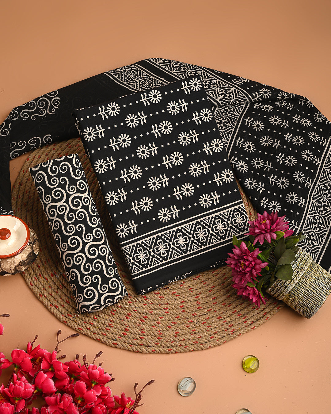 Exclusive Black Discharge Print Cotton Suit With Cotton Dupatta EACOTMU38