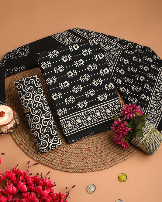 Exclusive Black Discharge Print Cotton Suit With Cotton Dupatta EACOTMU38