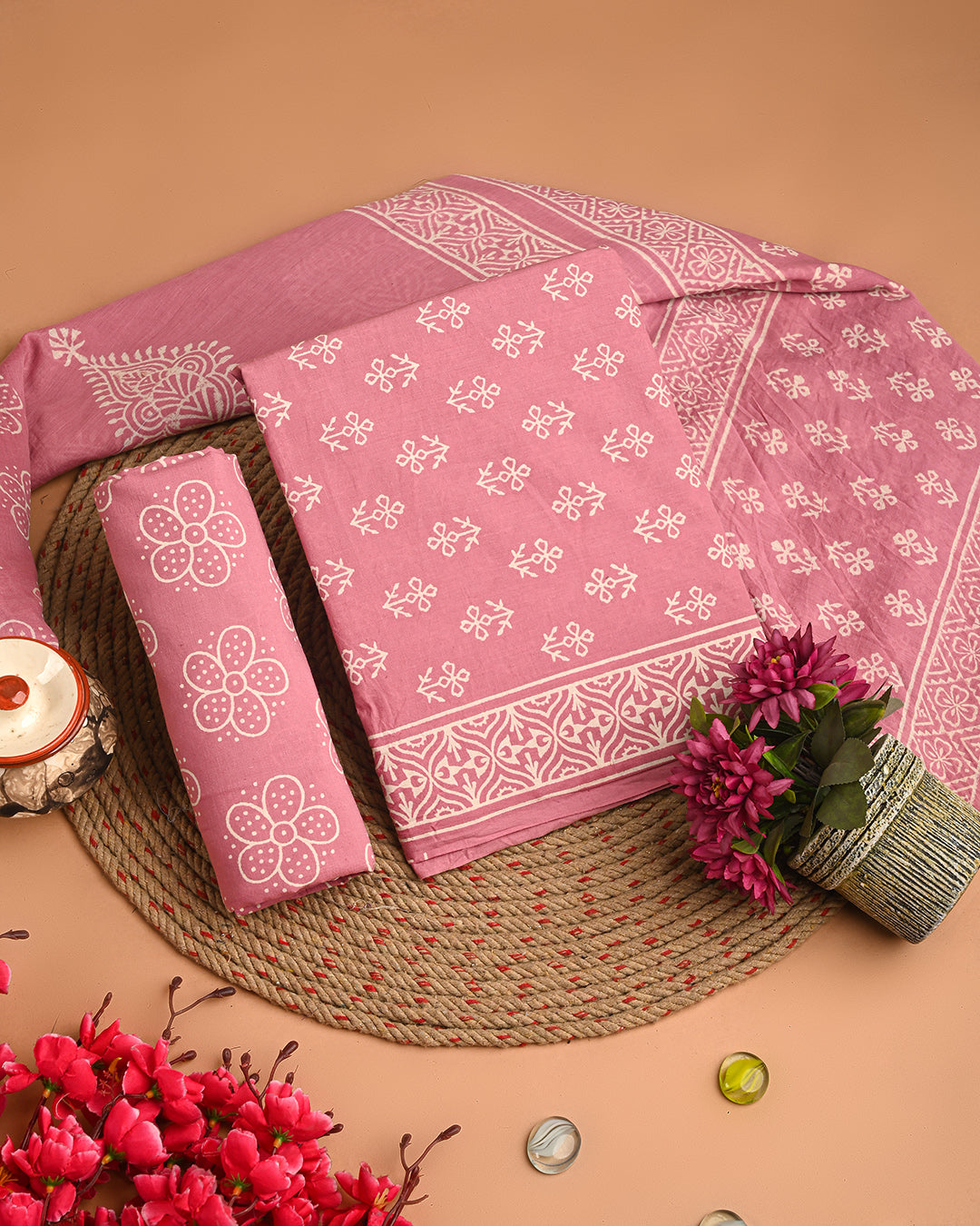 Exclusive Pink Discharge Hand Block Printed Cotton Suit With Mulmul Dupatta EACOTMU78