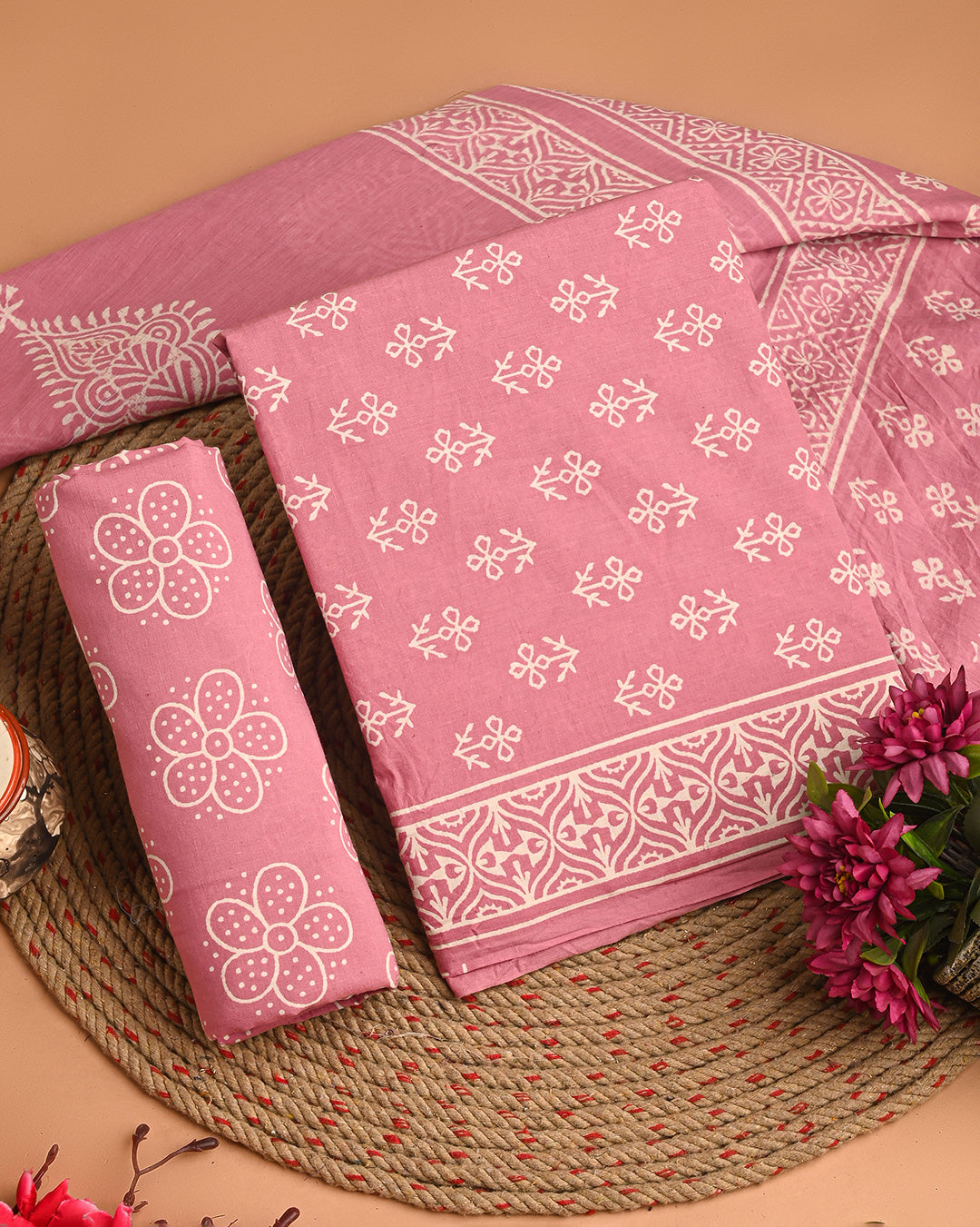 Exclusive Pink Discharge Hand Block Printed Cotton Suit With Mulmul Dupatta EACOTMU78