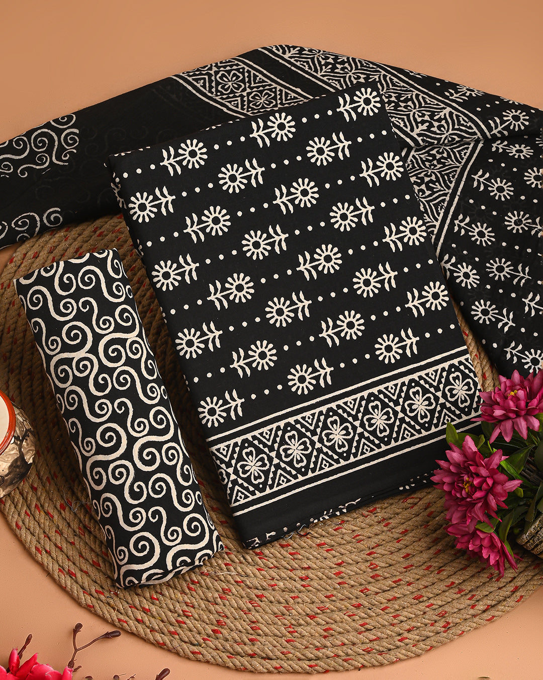 Exclusive Black Discharge Print Cotton Suit With Cotton Dupatta EACOTMU38