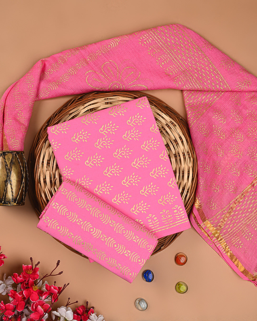 Exclusive Pink With Golden Print Cotton Suit With Kota Dupatta EACOTKO71