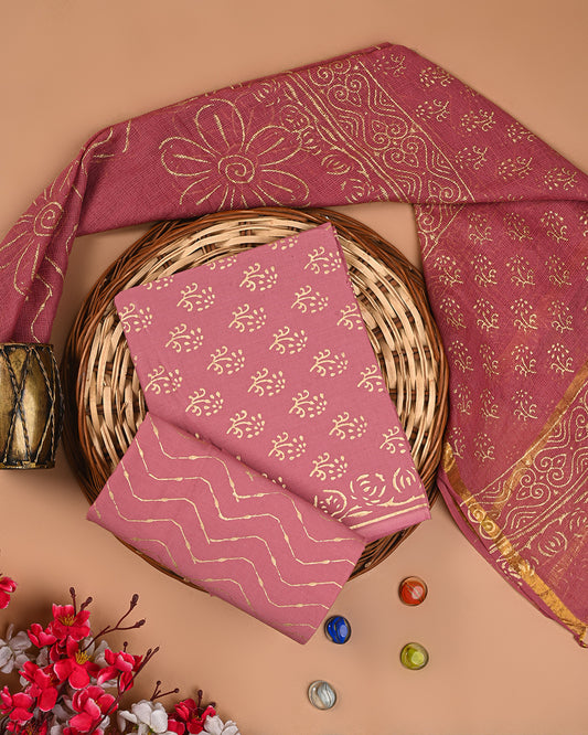 Exclusive Dark Pink With Golden Print Cotton Suit With Kota Dupatta EACOTKO75