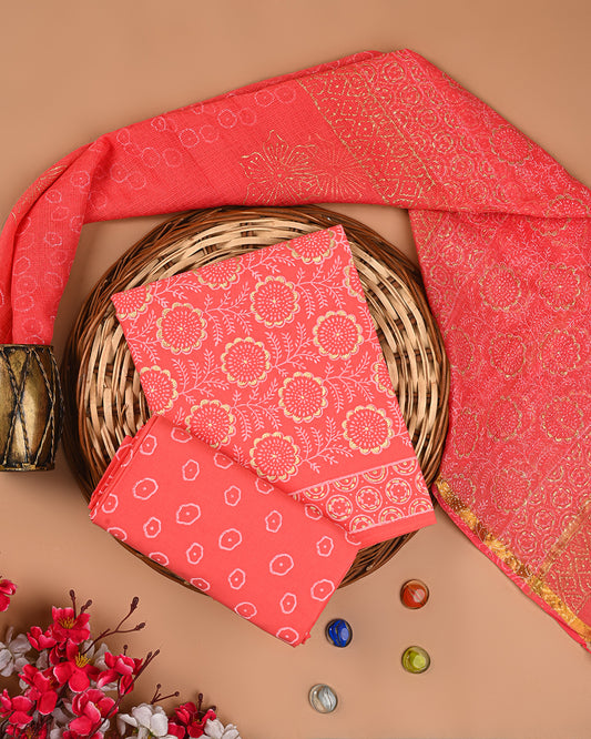 Exclusive Pink With Khadi Gold Print Cotton Suit With Kota Dupatta EACOTKO73