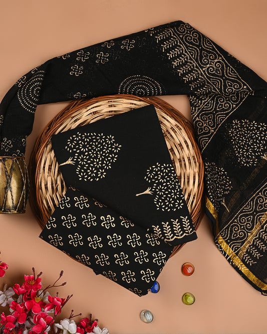 Exclusive Black With Golden Print Cotton Suit With Kota Dupatta (EACOTKO42)