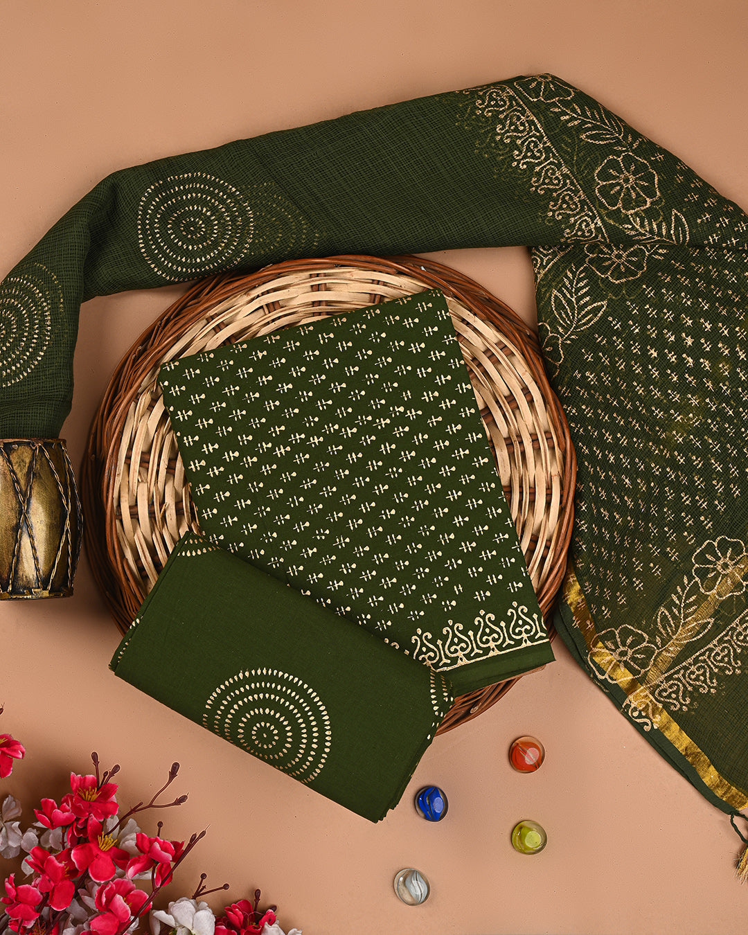 Exclusive Green With Gold Painted Cotton Suit With Kota Dupatta (EACOTKO70)