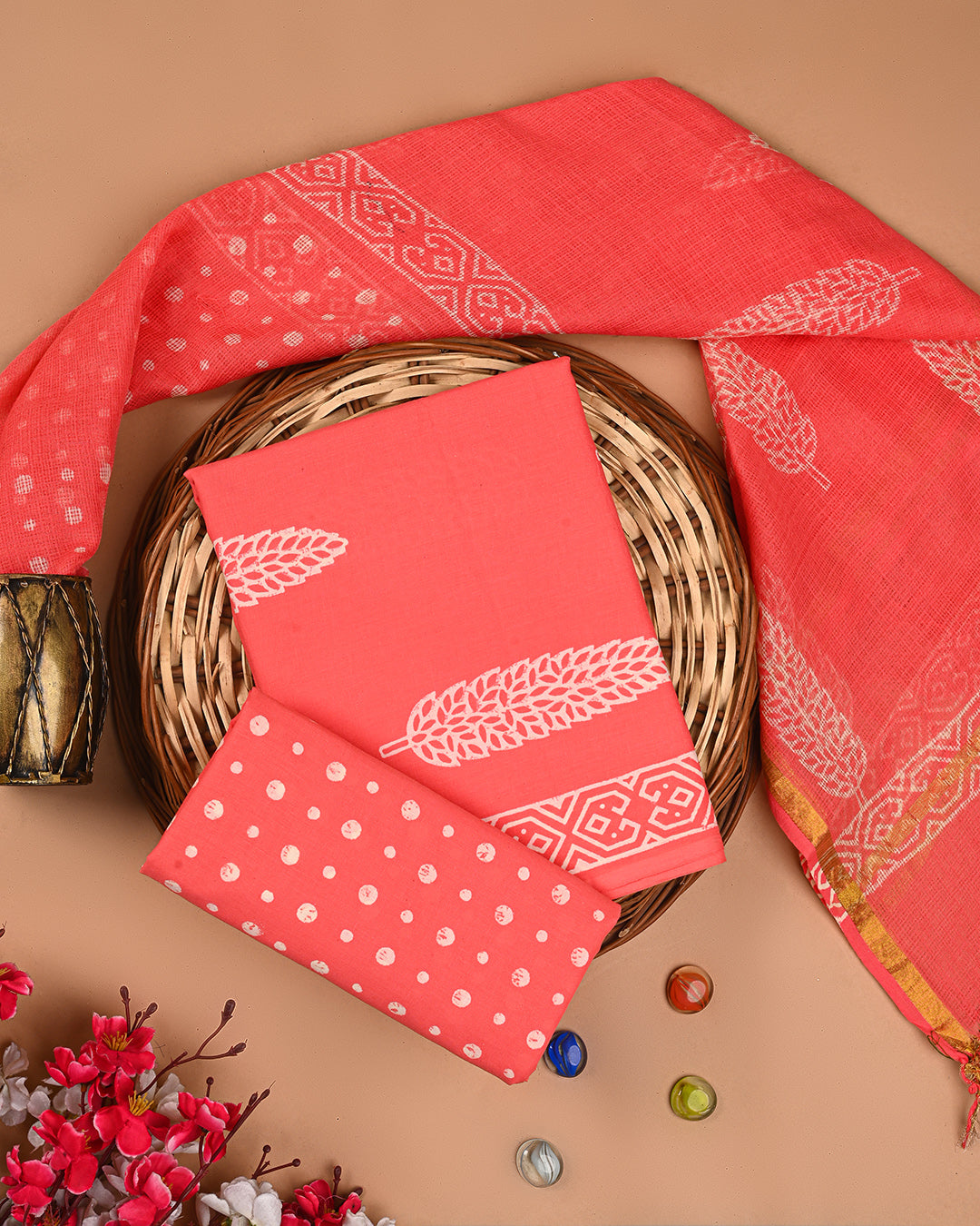 Exclusive Pink Discharge Cotton Suit With Kota Dupatta (EACOTKO65)