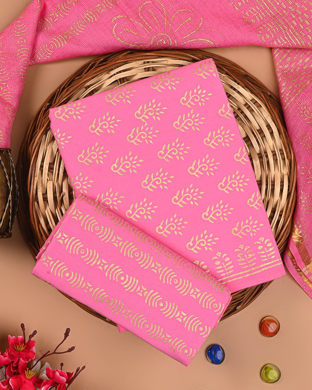 Exclusive Pink With Golden Print Cotton Suit With Kota Dupatta EACOTKO71