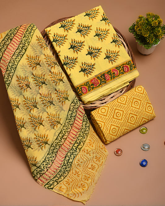 Traditional  Yellow Hand Block Print Cotton Suit Sets With Chiffon Dupatta(EACOTCH39)