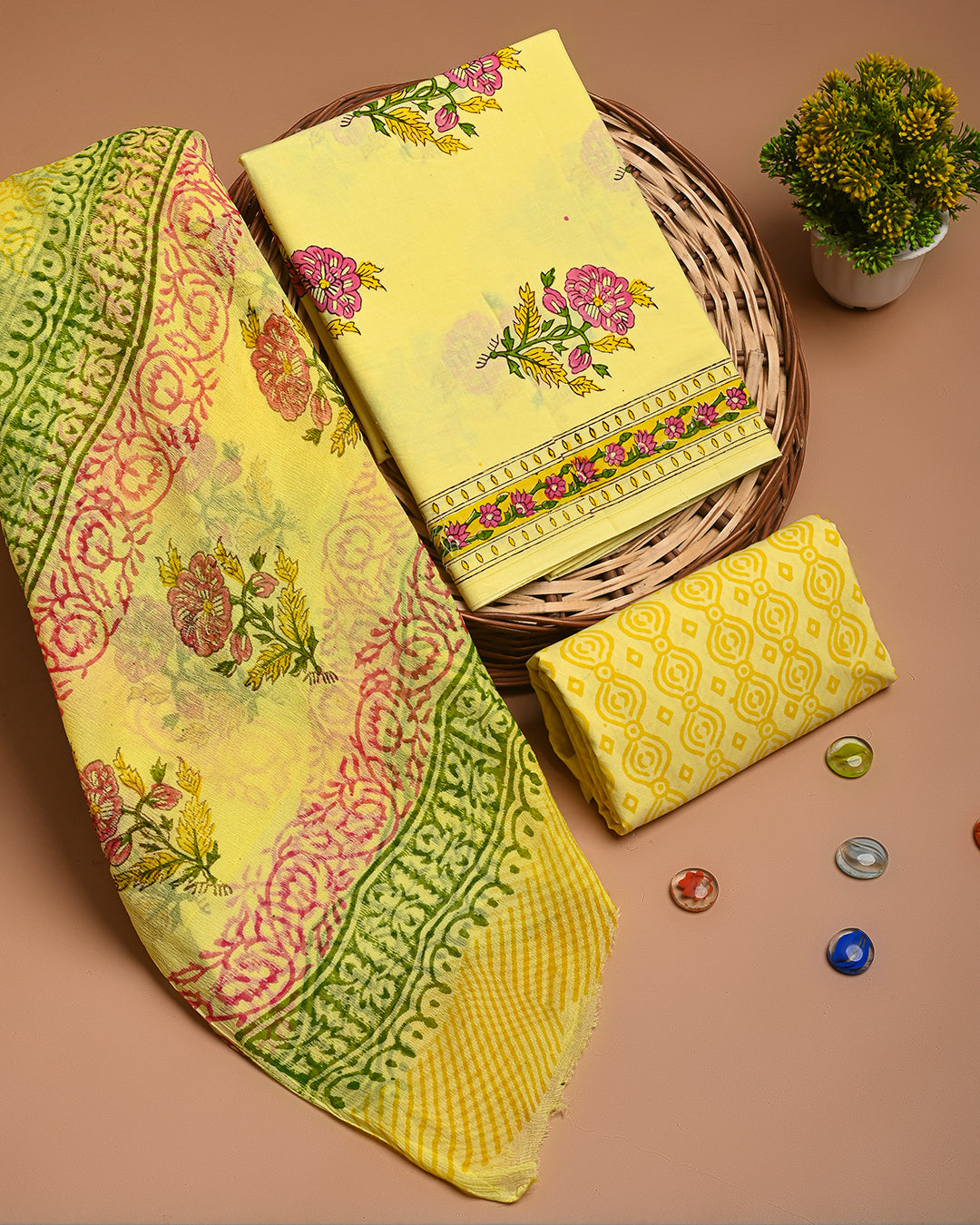 Premium Yellow Cotton Suit With Chiffon Dupatta (EACOTCH41)