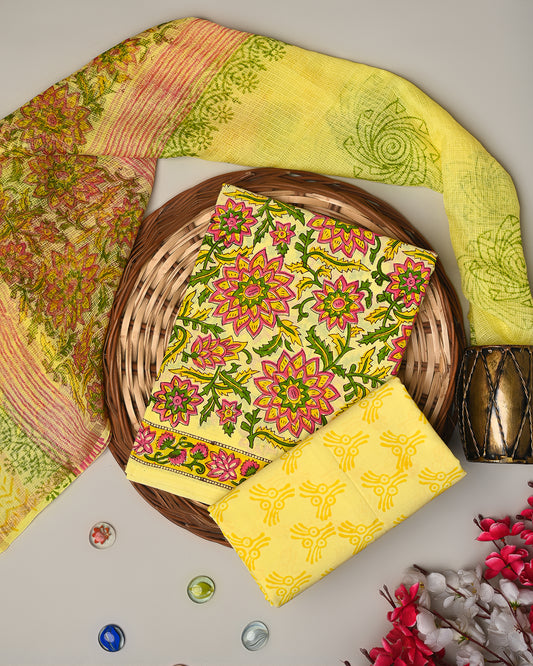 Elegant  Yellow  Cotton Suit With Kota Doria Dupatta EACOTKO30