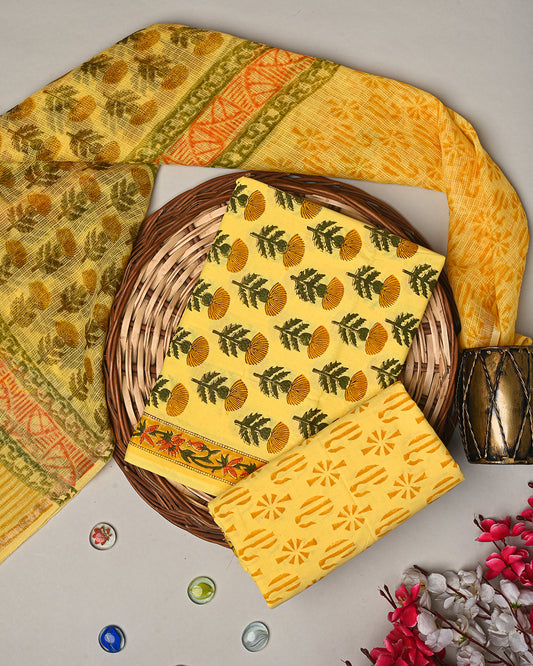 Elegant  Yellow Cotton Suit With Kota Doria Dupatta EACOTKO28