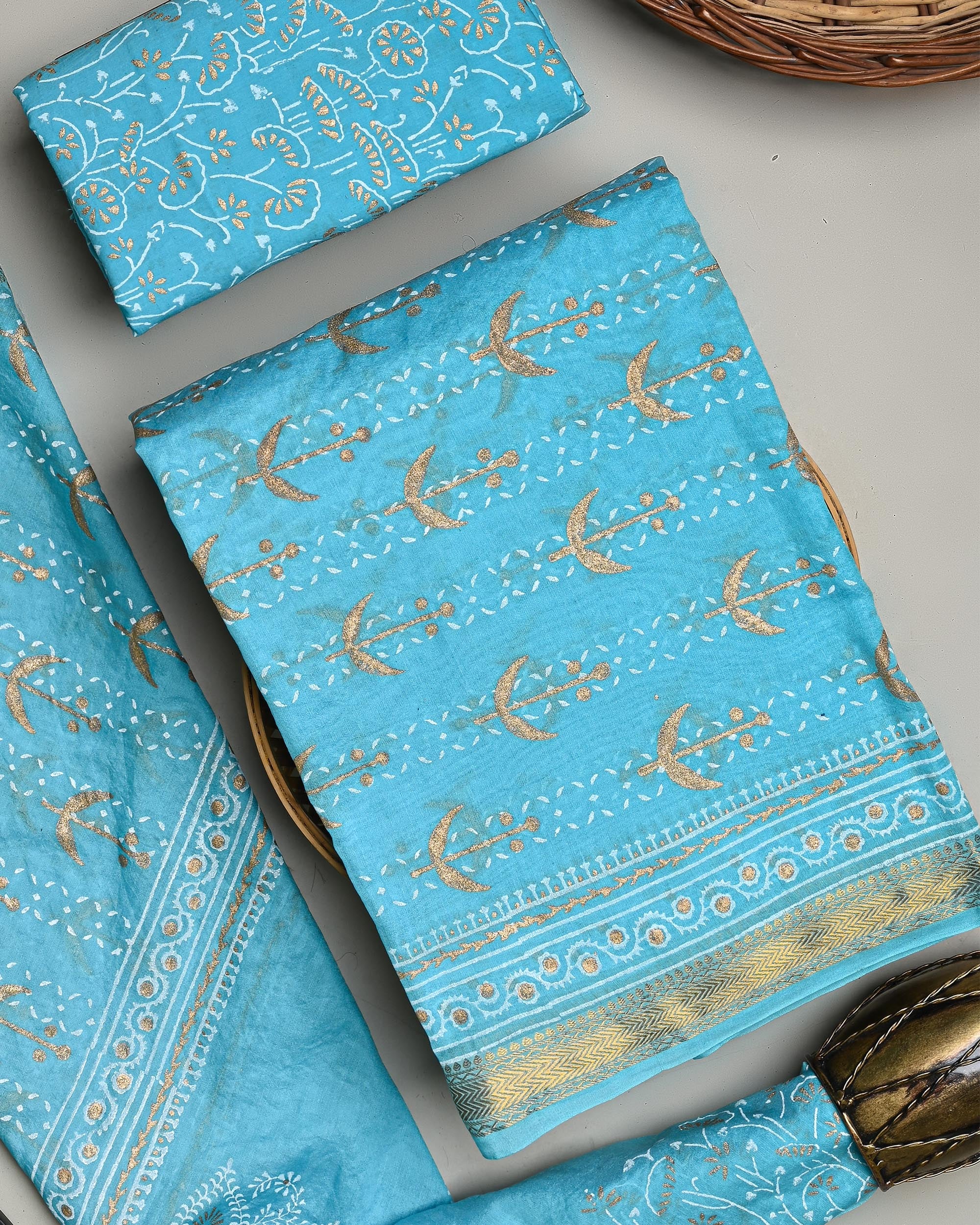 Exclusive Sanganeri Print Premium Hand Print Maheshwari Silk Suit Set (EAMAHMA02)