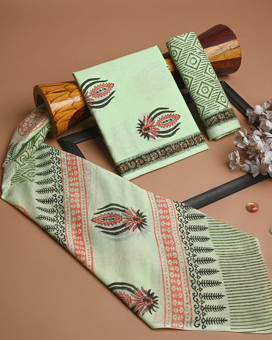 New  Green Bagru  Print Green Cotton Suit With Cotton Dupatta (EACOTMU23)