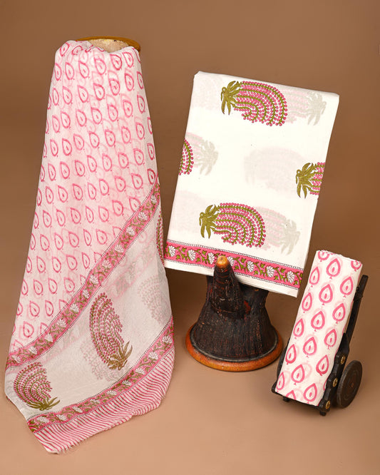 New  White and Pink Floral Hand Block Printed Cotton Suit With Cotton Dupatta(EACOTMU17)