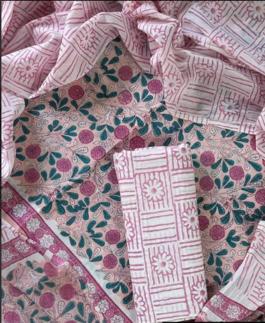 Pink  floral Hand Printed Cotton Suit With Cotton Dupatta EACOTMU02