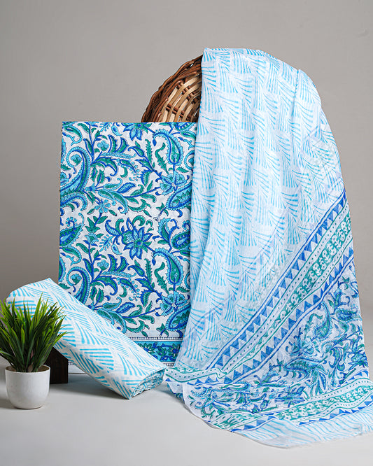 Traditiona Blue Floral Hand Block Print Cotton Sets With Chiffon Dupatta EACOTCH48