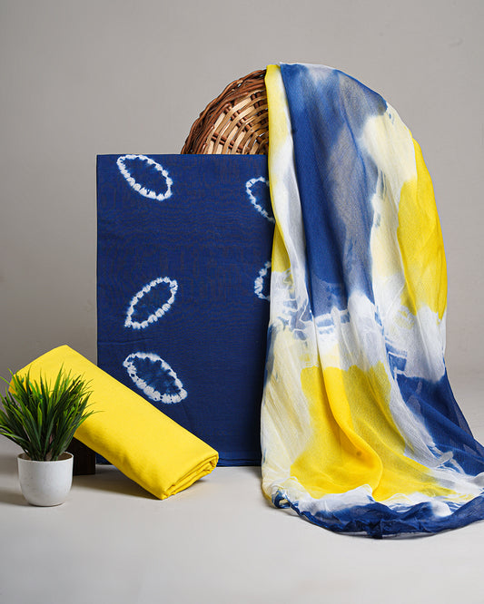 Traditional  Yellow and Blue Hand Block Print Cotton Sets With Chiffon Dupatta EACOTCH44