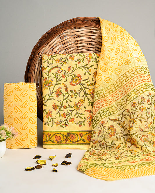 Exclusive Yellow Jaal Printed Cotton Suit With Chiffon Dupatta  EACOTCH13