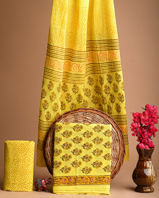 Designer  Yellow Sanganeri Print Cotton Suit With Cotton Dupatta EACOTMU27